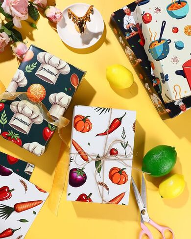 Pineraap 12 Sheets Chef Cooking Wrapping Paper, Vegetable Cooking Theme Gift Wrap Paper for Baker, Tomato, Chef Design Folded Flat Art Paper for Birthday, Kitchen Gifts, DIY Crafts, 19.7 x 27.6 Inch in Saudi Arabia