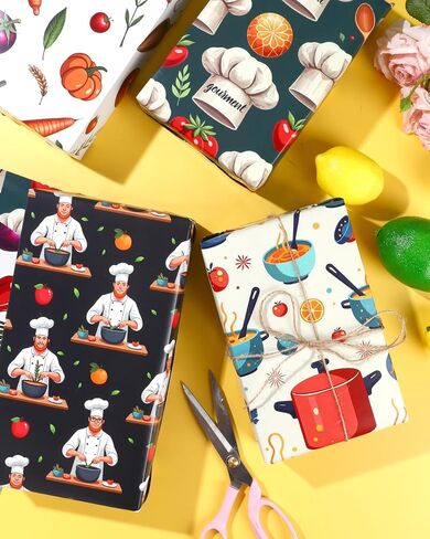 Pineraap 12 Sheets Chef Cooking Wrapping Paper, Vegetable Cooking Theme Gift Wrap Paper for Baker, Tomato, Chef Design Folded Flat Art Paper for Birthday, Kitchen Gifts, DIY Crafts, 19.7 x 27.6 Inch in Saudi Arabia