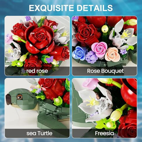 Sea Turtle Rose Bouquet Succulent Planter Building Set, Compatible with Lego Flowers Plants Pot, Creative Plants and Animals Home Decoration Blocks Toy, Gifts for 6+ Girls, Women (588PCS) in Saudi Arabia
