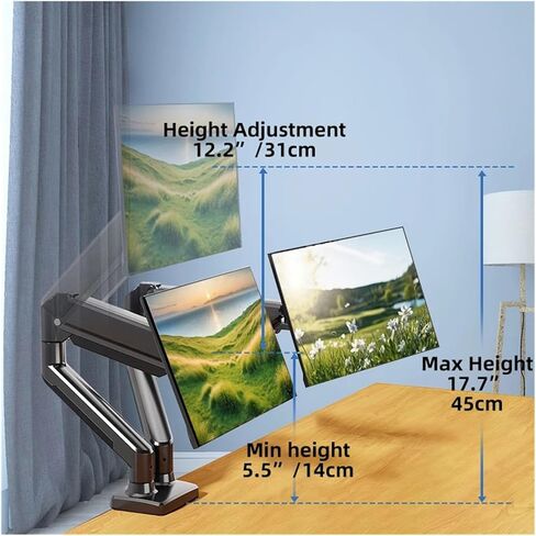 Dual Monitor Desk Stand, Accommodates Screens up to 32 inches, Height-Adjustable Monitor Mount, Heavy-Duty arms, 75x75mm or 100x100mm Hole spacing, Black in Saudi Arabia