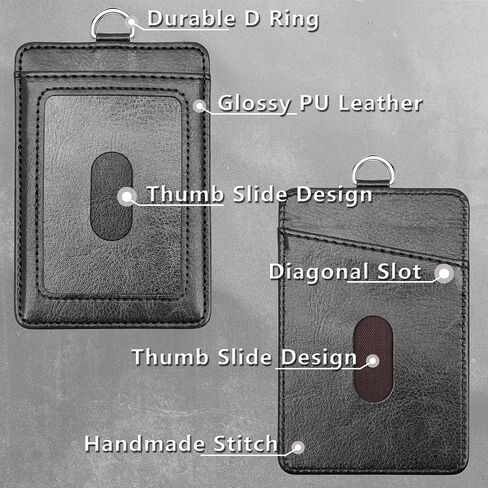 PU Leather ID Badge Holder, Life-Mate ID Badge Holder with 2 Thumb Slide Slots 1 Diagonal Slots Nylon Lanyard for ID Credit Card Business Card in Black (1 Pack) in Kuwait