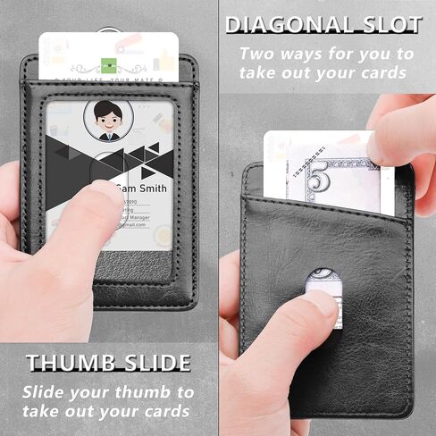 PU Leather ID Badge Holder, Life-Mate ID Badge Holder with 2 Thumb Slide Slots 1 Diagonal Slots Nylon Lanyard for ID Credit Card Business Card in Black (1 Pack) in Kuwait