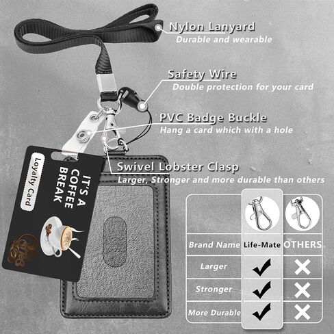 PU Leather ID Badge Holder, Life-Mate ID Badge Holder with 2 Thumb Slide Slots 1 Diagonal Slots Nylon Lanyard for ID Credit Card Business Card in Black (1 Pack) in Kuwait