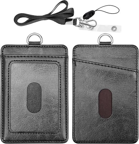 PU Leather ID Badge Holder, Life-Mate ID Badge Holder with 2 Thumb Slide Slots 1 Diagonal Slots Nylon Lanyard for ID Credit Card Business Card in Black (1 Pack) in Kuwait