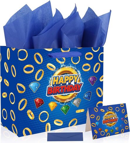 SAVITA Birthday Party Gift Bag Set, Blue Cartoon Theme Goodie Bag Wrapping Paper Greeting Card Envelope with Gold Ring & Colorful Gems for Candy Snack Sweet Favor Kids Birthday Party Decoration in Saudi Arabia