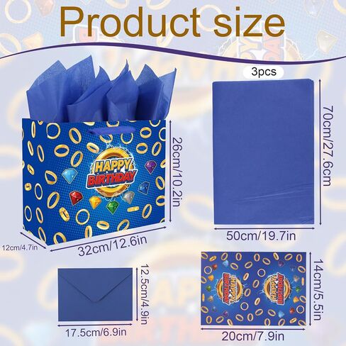 SAVITA Birthday Party Gift Bag Set, Blue Cartoon Theme Goodie Bag Wrapping Paper Greeting Card Envelope with Gold Ring & Colorful Gems for Candy Snack Sweet Favor Kids Birthday Party Decoration in Saudi Arabia