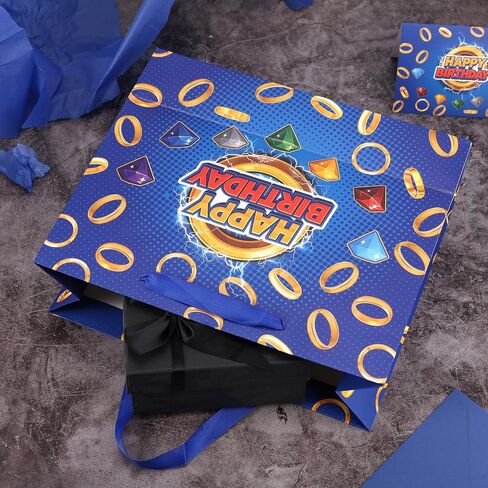 SAVITA Birthday Party Gift Bag Set, Blue Cartoon Theme Goodie Bag Wrapping Paper Greeting Card Envelope with Gold Ring & Colorful Gems for Candy Snack Sweet Favor Kids Birthday Party Decoration in Saudi Arabia
