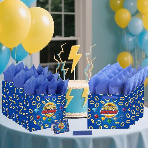 SAVITA Birthday Party Gift Bag Set, Blue Cartoon Theme Goodie Bag Wrapping Paper Greeting Card Envelope with Gold Ring & Colorful Gems for Candy Snack Sweet Favor Kids Birthday Party Decoration in Saudi Arabia