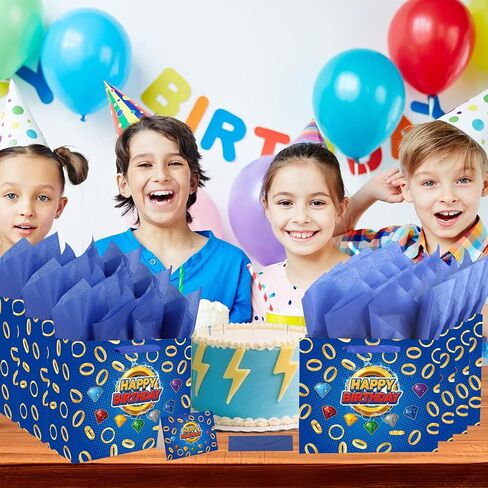 SAVITA Birthday Party Gift Bag Set, Blue Cartoon Theme Goodie Bag Wrapping Paper Greeting Card Envelope with Gold Ring & Colorful Gems for Candy Snack Sweet Favor Kids Birthday Party Decoration in Saudi Arabia