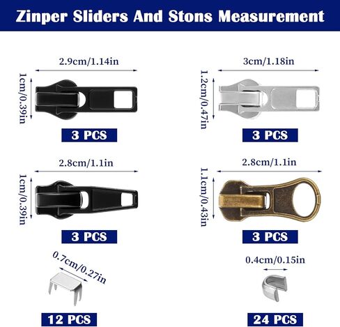 12 PCS Zipper Repair Kit #5 Zippers سحب الاستبدال ، #5 متزلجات قابلة للقفل مع توقف أعلى من المعدنية من الإصلاح المعدني للخلوص ، السترات ، معطف ، التمهيد ، حقيبة ظهر ، أنماط 4 أنماط in Saudi Arabia