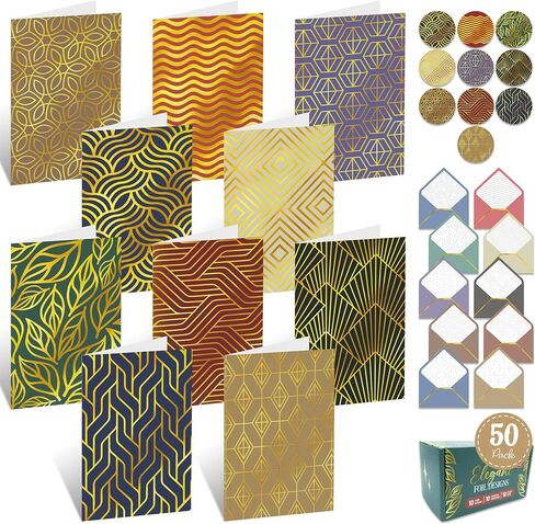 Decorably 50 Pack Gold Foil 4x6in Bulk Blank Cards and Envelopes with Stickers - 10 Elegant Designs Folded Blank Note Cards and Envelopes - All Occasions, Anniversary, Birthday, Business Events in Saudi Arabia