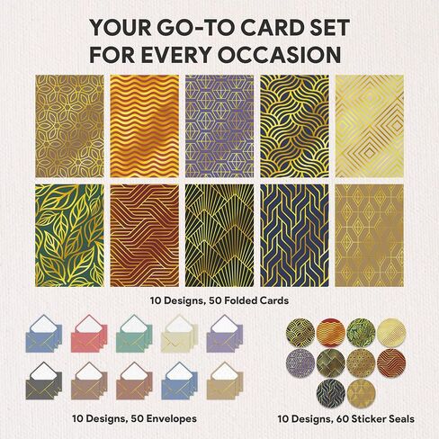 Decorably 50 Pack Gold Foil 4x6in Bulk Blank Cards and Envelopes with Stickers - 10 Elegant Designs Folded Blank Note Cards and Envelopes - All Occasions, Anniversary, Birthday, Business Events in Saudi Arabia