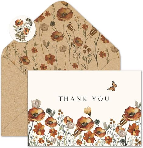 Whaline 50 Pack Fall Floral Thank You Cards Untage Attumn Wildflower Beating Cards with Kraft Envelope Stickers Retro Floral Note Note Proos for Wedding Bridal Baby Dame in Kuwait