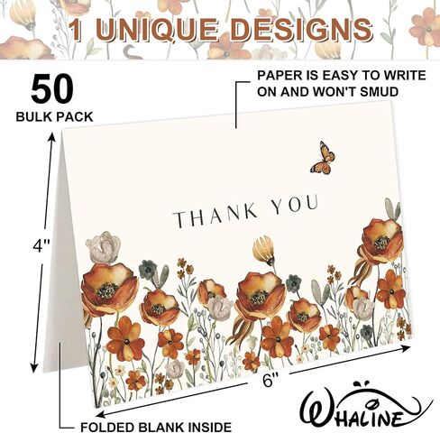 Whaline 50 Pack Fall Floral Thank You Cards Untage Attumn Wildflower Beating Cards with Kraft Envelope Stickers Retro Floral Note Note Proos for Wedding Bridal Baby Dame in Kuwait