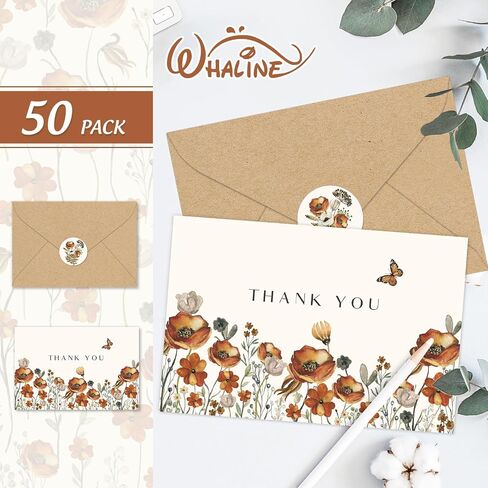 Whaline 50 Pack Fall Floral Thank You Cards Untage Attumn Wildflower Beating Cards with Kraft Envelope Stickers Retro Floral Note Note Proos for Wedding Bridal Baby Dame in Kuwait