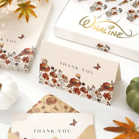 Whaline 50 Pack Fall Floral Thank You Cards Untage Attumn Wildflower Beating Cards with Kraft Envelope Stickers Retro Floral Note Note Proos for Wedding Bridal Baby Dame in Kuwait