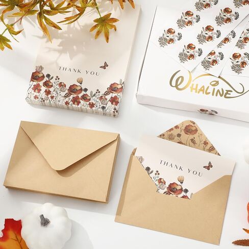 Whaline 50 Pack Fall Floral Thank You Cards Untage Attumn Wildflower Beating Cards with Kraft Envelope Stickers Retro Floral Note Note Proos for Wedding Bridal Baby Dame in Kuwait