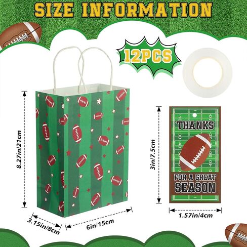 Naucoos 12 Pcs Football Gift Wrap Bags with Thank You Tags Team Sports Paper Bag Set Greeting Card Decorations for Sports Party Favor Birthday Goodie Treat Bag for Men Supplies in Saudi Arabia