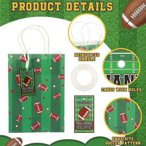 Naucoos 12 Pcs Football Gift Wrap Bags with Thank You Tags Team Sports Paper Bag Set Greeting Card Decorations for Sports Party Favor Birthday Goodie Treat Bag for Men Supplies in Saudi Arabia
