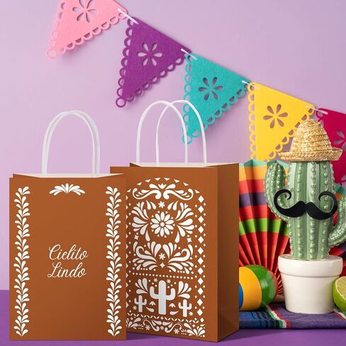 Sinload 24 Pcs Cielito Lindo Candy Bags Mexican Party Favors, De Barro Theme Decorations Mexicanos Talavera Kraft Gift Goodie Bags with Handles Fiesta Cinco De Mayo Mexican Party Supplies(Classic) in Kuwait