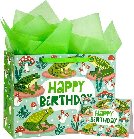 WRAPAHOLIC Frog Birthday Gift Bags with Tissue Paper and Card - 10 x 5 x 13 inch - Cute Frog Life Animal Paper Bags, Perfect for Kids Birthday, Baby Shower in Saudi Arabia
