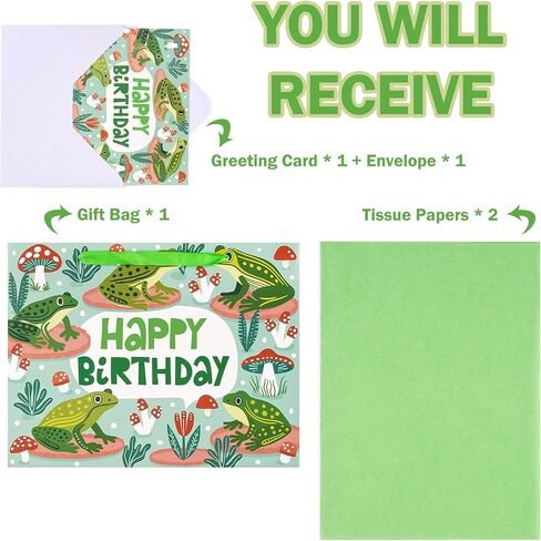 WRAPAHOLIC Frog Birthday Gift Bags with Tissue Paper and Card - 10 x 5 x 13 inch - Cute Frog Life Animal Paper Bags, Perfect for Kids Birthday, Baby Shower in Saudi Arabia