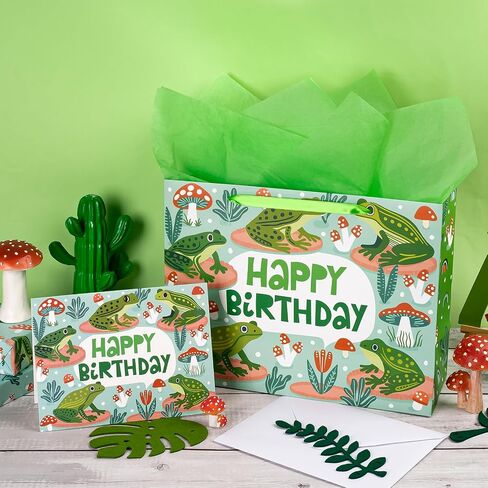 WRAPAHOLIC Frog Birthday Gift Bags with Tissue Paper and Card - 10 x 5 x 13 inch - Cute Frog Life Animal Paper Bags, Perfect for Kids Birthday, Baby Shower in Saudi Arabia