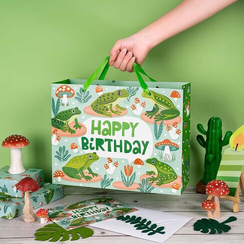 WRAPAHOLIC Frog Birthday Gift Bags with Tissue Paper and Card - 10 x 5 x 13 inch - Cute Frog Life Animal Paper Bags, Perfect for Kids Birthday, Baby Shower in Saudi Arabia