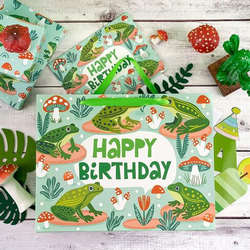 WRAPAHOLIC Frog Birthday Gift Bags with Tissue Paper and Card - 10 x 5 x 13 inch - Cute Frog Life Animal Paper Bags, Perfect for Kids Birthday, Baby Shower in Saudi Arabia