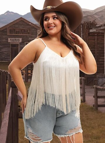 Plus Size Cowgirl Fringe Tops for Women - Western Country Concert Outfit Festival Tank Tassel Boho Rodeo Cami Shirt in Kuwait