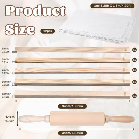 12 Pcs Polymer Clay Tools Kit Include 1 Wood 13 Inches Pottery Rolling Pin, 1 Linen Tablecloth Clay Mat, 10 Pcs Rolling Pin Guides 5 Sizes in Saudi Arabia