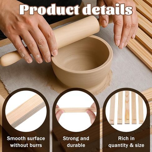 12 Pcs Polymer Clay Tools Kit Include 1 Wood 13 Inches Pottery Rolling Pin, 1 Linen Tablecloth Clay Mat, 10 Pcs Rolling Pin Guides 5 Sizes in Saudi Arabia