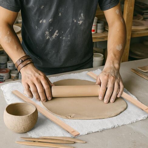 12 Pcs Polymer Clay Tools Kit Include 1 Wood 13 Inches Pottery Rolling Pin, 1 Linen Tablecloth Clay Mat, 10 Pcs Rolling Pin Guides 5 Sizes in Saudi Arabia
