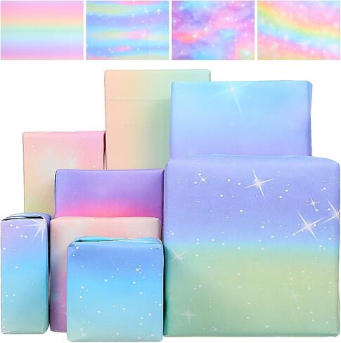 YBEATY 6 Pcs Wrapping Paper Birthday Set Fantasy Pink Purple Pastel Colorful Paper Roll Fairy Rainbow Gradient Wrapping Sheets for Women Female Girly Graduation Party Wedding in Saudi Arabia