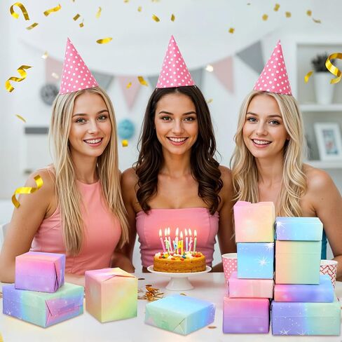 YBEATY 6 Pcs Wrapping Paper Birthday Set Fantasy Pink Purple Pastel Colorful Paper Roll Fairy Rainbow Gradient Wrapping Sheets for Women Female Girly Graduation Party Wedding in Saudi Arabia