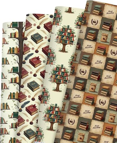 Pineraap 12 Sheets Book Lovers Wrapping Paper, Vintage Books Gift Wrap Paper with Keep Reading & Quill Designs, Folded Flat Art Paper for Birthdays, Libraries, Teachers, 19.7 x 27.6 Inch in Saudi Arabia