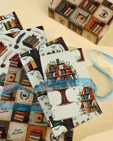 Pineraap 12 Sheets Book Lovers Wrapping Paper, Vintage Books Gift Wrap Paper with Keep Reading & Quill Designs, Folded Flat Art Paper for Birthdays, Libraries, Teachers, 19.7 x 27.6 Inch in Saudi Arabia