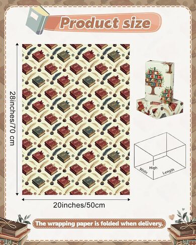 Pineraap 12 Sheets Book Lovers Wrapping Paper, Vintage Books Gift Wrap Paper with Keep Reading & Quill Designs, Folded Flat Art Paper for Birthdays, Libraries, Teachers, 19.7 x 27.6 Inch in Saudi Arabia