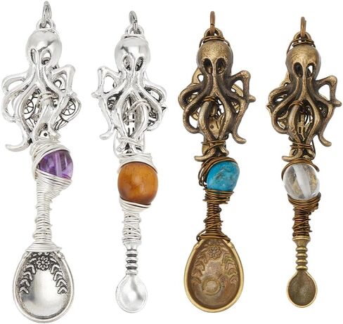 Nbeads 4 pcs 2 أحجام معلقات Genstone الطبيعية ، الأخطبوط ملعقة سحر سحر السحر ملاعق قلادة ملاعق قلادة مع حلقات القفز لمجوهرات مصنوعة المجوهر in Saudi Arabia