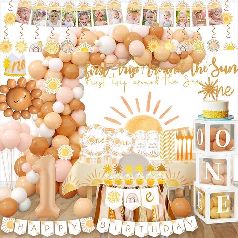 الرحلة الأولى حول The Sun Decorations Boho Sun 1st Birthday Party Supplies for Sunshine Girls تشمل أدوات المائدة مجموعة على كرسي مرتفع البالون صناديق القوس الخلفية لافتة الصورة in Kuwait