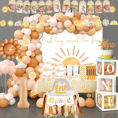 الرحلة الأولى حول The Sun Decorations Boho Sun 1st Birthday Party Supplies for Sunshine Girls تشمل أدوات المائدة مجموعة على كرسي مرتفع البالون صناديق القوس الخلفية لافتة الصورة in Kuwait
