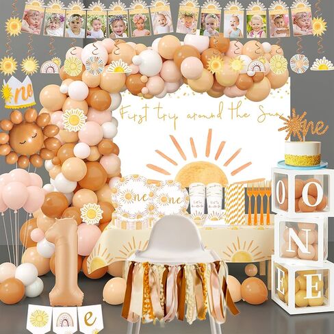 الرحلة الأولى حول The Sun Decorations Boho Sun 1st Birthday Party Supplies for Sunshine Girls تشمل أدوات المائدة مجموعة على كرسي مرتفع البالون صناديق القوس الخلفية لافتة الصورة in Kuwait