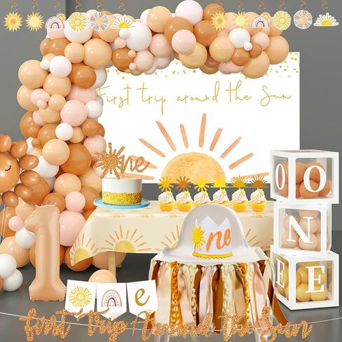 الرحلة الأولى حول The Sun Decorations Boho Sun 1st Birthday Party Supplies for Sunshine Girls تشمل أدوات المائدة مجموعة على كرسي مرتفع البالون صناديق القوس الخلفية لافتة الصورة in Kuwait
