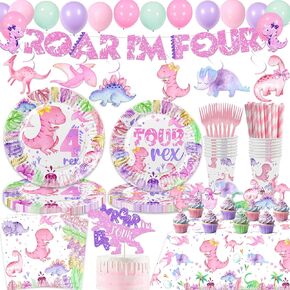 213 Pcs Dinosaur 4th Birthday Party Supplies, Girl Dino Roar I'm Four Birthday Decorations, 20 Serves Include Plates, Cups, Napkins, Tablecloth, Cake Topper, Swirls, Banner, Balloons for Girls in Kuwait
