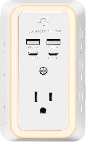 واقي من زيادة التيار لشاحن الحائط، موسع منفذ مع ضوء ليلي، شاحن حائط USB مع منفذي USB C ومنفذي USB، شريط طاقة ثلاثي الجوانب مع منافذ محول متباعدة للسفر في المنزل والمكتب، معتمد من ETL in Kuwait