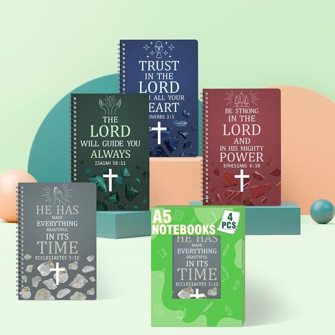 Xqumoi 4Pack A5 Floral Cross Religious Spiral Notebooks - Bible Verse Notebooks, Inspirational Writing Notepad, Ruled Hardbound Lined Journal, Christian Christmas Gift, Sunday School Office Supplies in Saudi Arabia