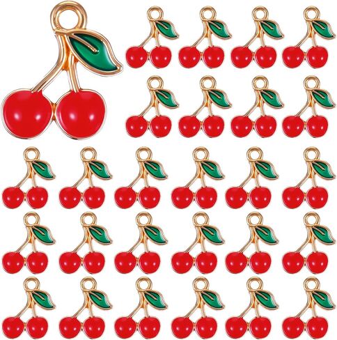60 Pcs Red Cherry Charm, Golden Metal Alloy Enamel Fruit Food Charms Bulk Mini Cute Dangle Pendants Small Cherry Beads Keychain DIY Accessories for Jewelry Making, Necklace, Bracelet, Earring Crafts in Saudi Arabia