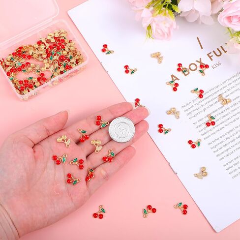 60 Pcs Red Cherry Charm, Golden Metal Alloy Enamel Fruit Food Charms Bulk Mini Cute Dangle Pendants Small Cherry Beads Keychain DIY Accessories for Jewelry Making, Necklace, Bracelet, Earring Crafts in Saudi Arabia