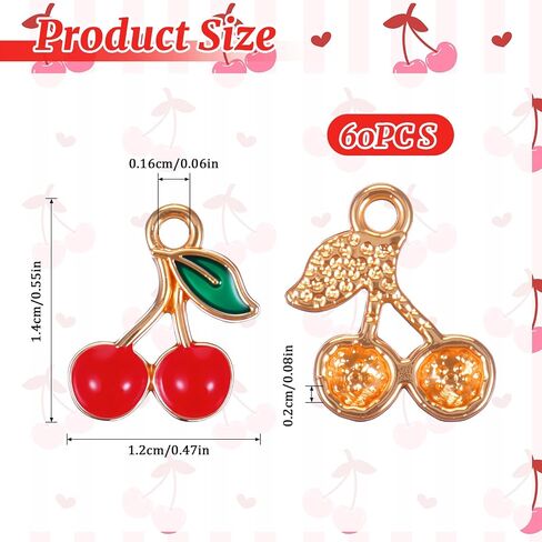 60 Pcs Red Cherry Charm, Golden Metal Alloy Enamel Fruit Food Charms Bulk Mini Cute Dangle Pendants Small Cherry Beads Keychain DIY Accessories for Jewelry Making, Necklace, Bracelet, Earring Crafts in Saudi Arabia