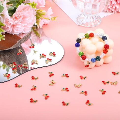 60 Pcs Red Cherry Charm, Golden Metal Alloy Enamel Fruit Food Charms Bulk Mini Cute Dangle Pendants Small Cherry Beads Keychain DIY Accessories for Jewelry Making, Necklace, Bracelet, Earring Crafts in Saudi Arabia
